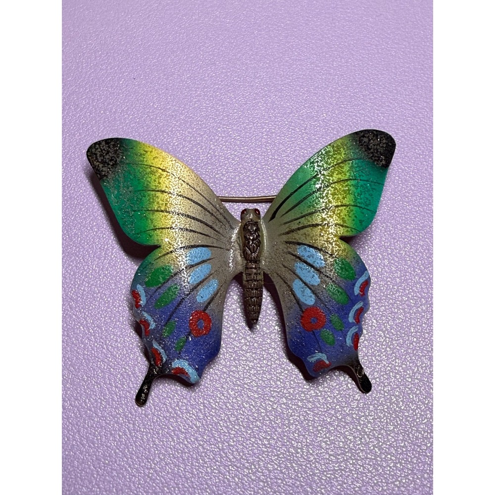 Butterfly Brooch Pin Multicolor Excellent Vintage Signed Korea Pat 4322 Painted